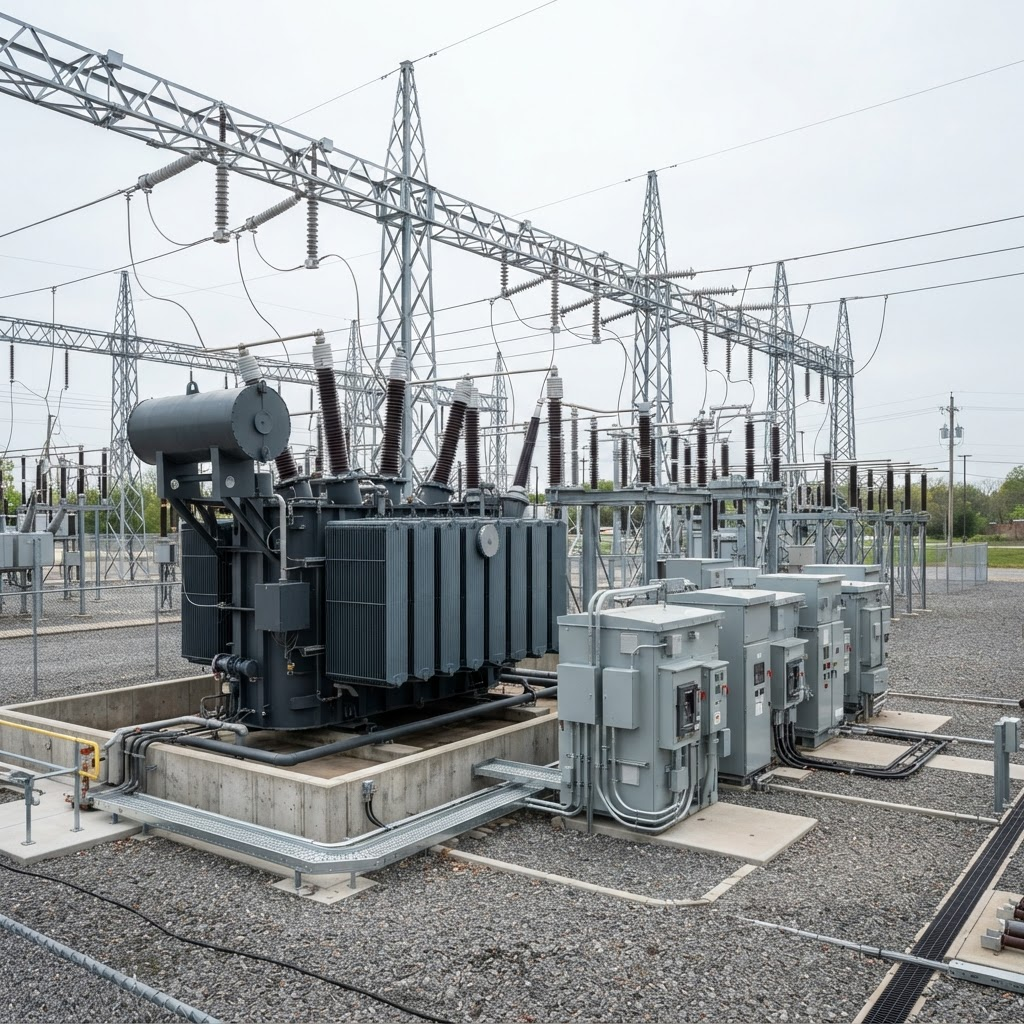 Industrial electrical substation with a power transformer