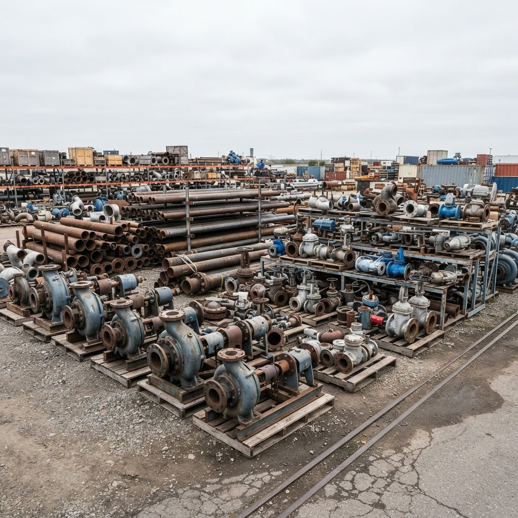 Industrial centrifugal pumps, pipes and valves in an industrial yard
