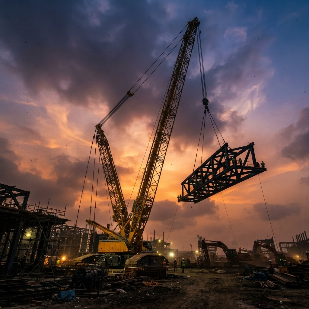 Crawler crane lifting steel at an industrial construction site in Nigeria at dusk