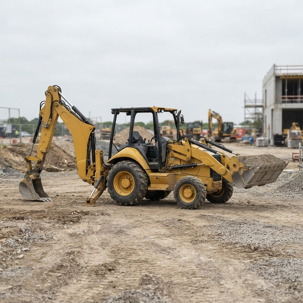Backhoe loader with front bucket and rear excavator arm on a construction site
