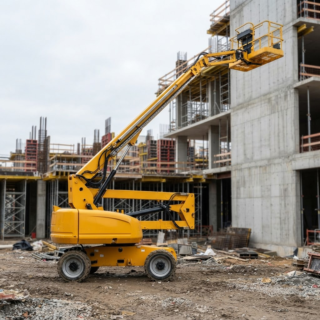 Yellow articulating boom lift aerial work platform with extended arm
