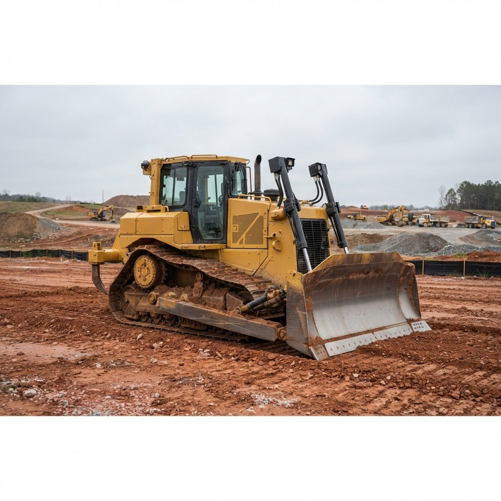Yellow bulldozer with blade on cleared construction ground