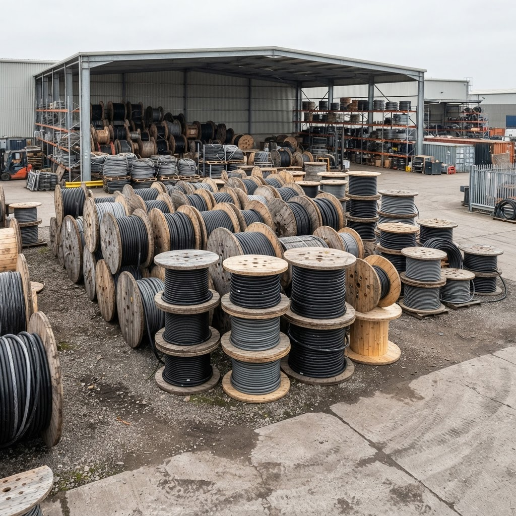 Industrial power cable reels and coiled armored cables in a yard