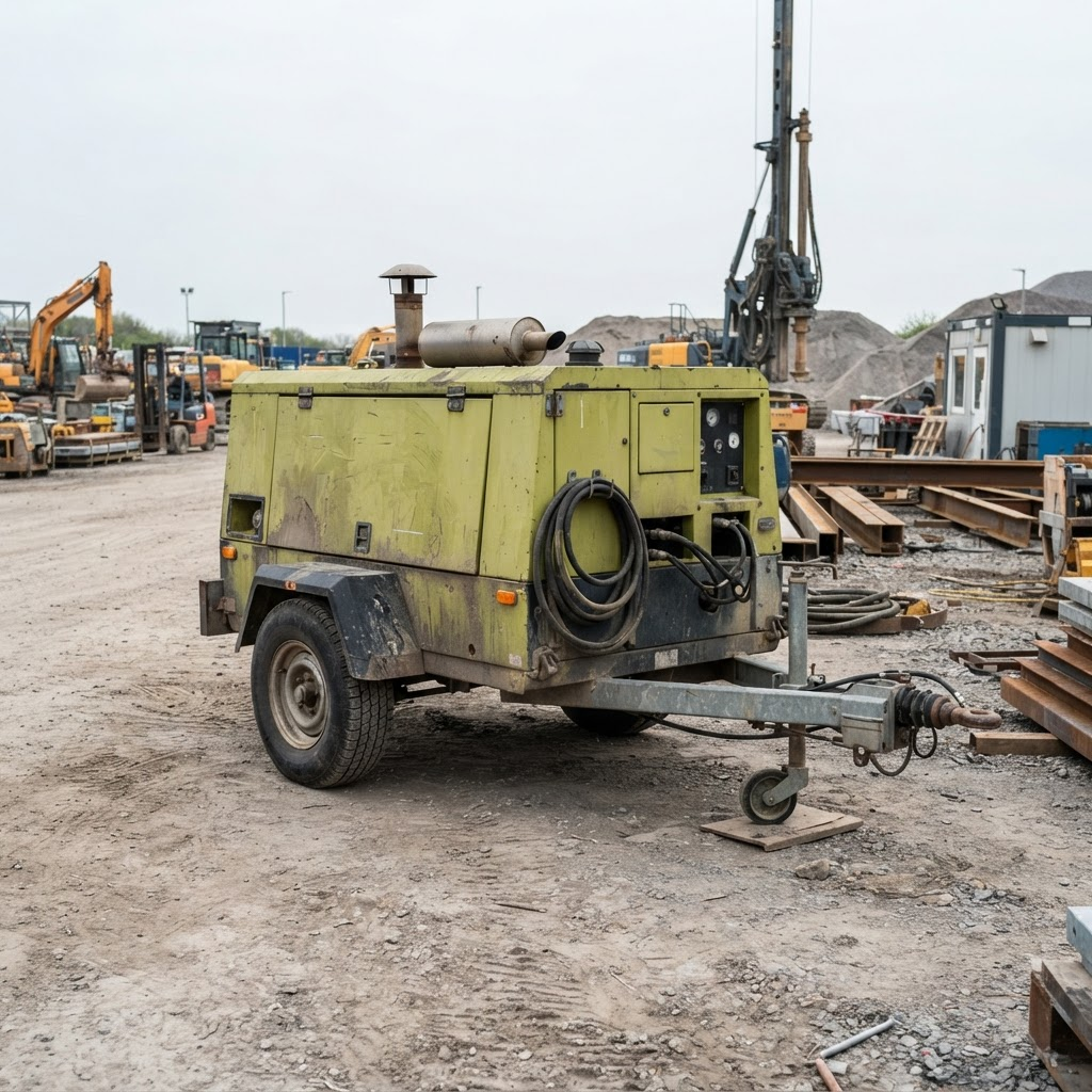 Towable industrial diesel air compressor on a work site