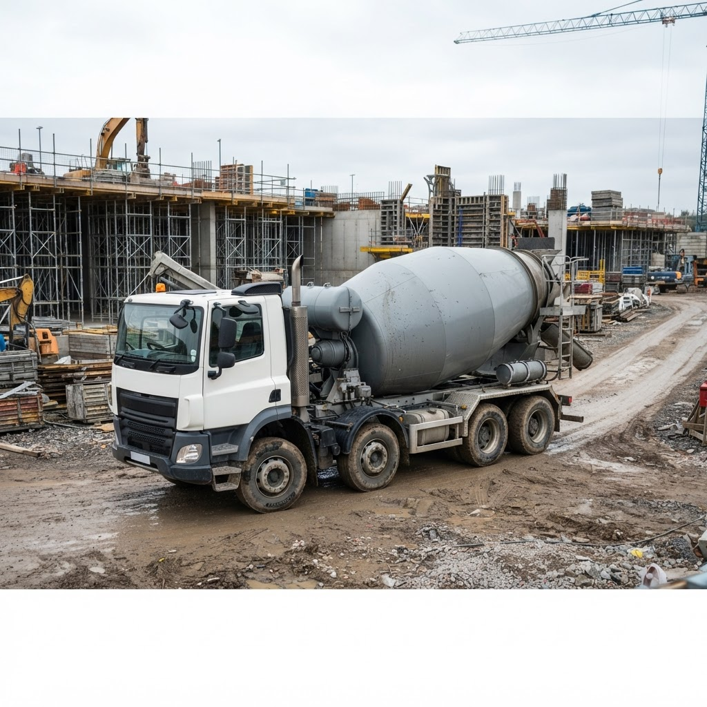 Heavy-duty concrete mixer truck with rotating drum at a construction site