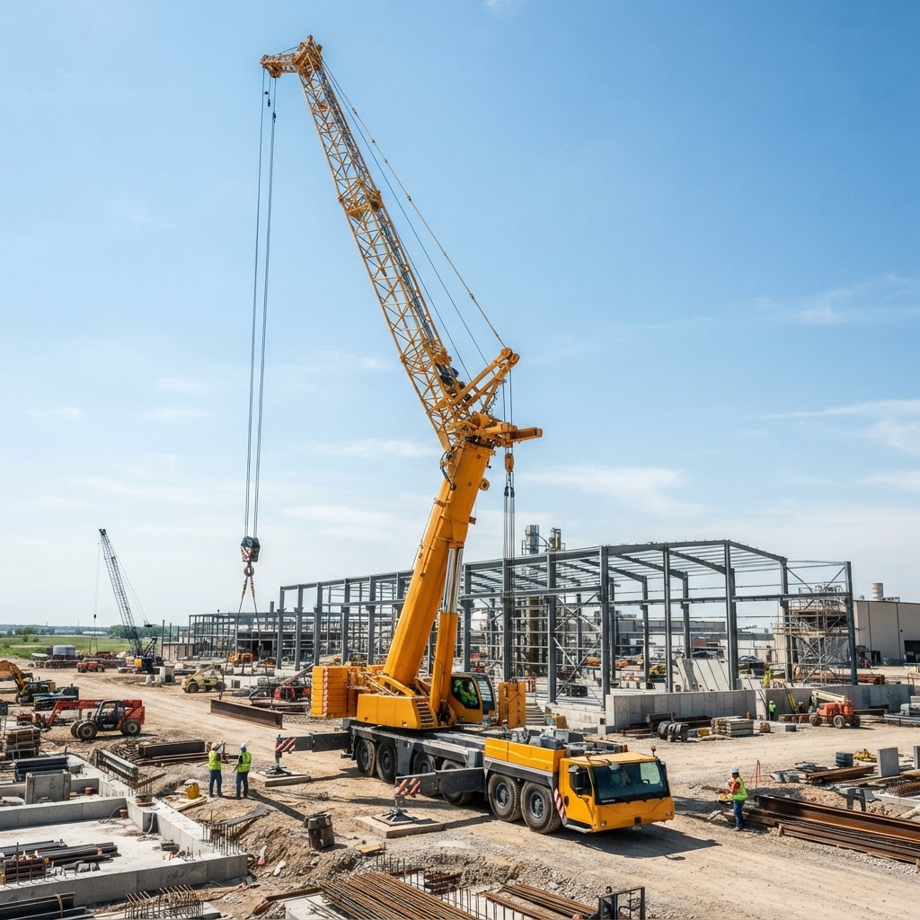 Large mobile crane with extended boom on an industrial site