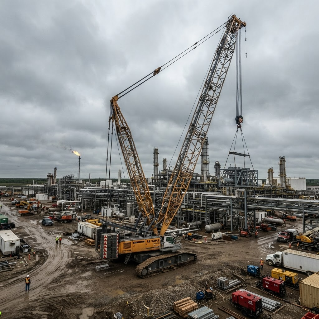 Heavy-duty crawler crane with lattice boom on tracked treads at an industrial site