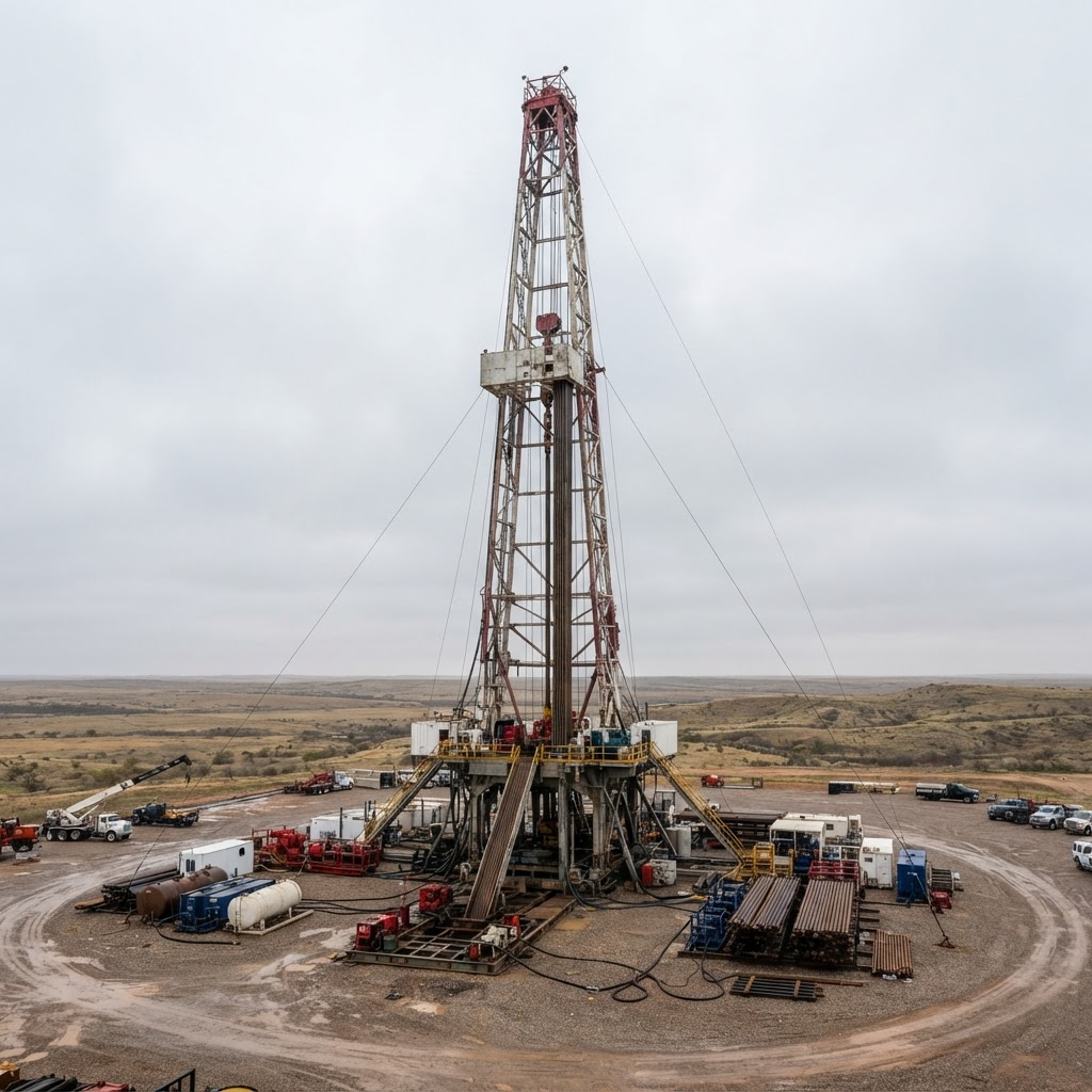 Land drilling rig derrick tower at an oilfield site