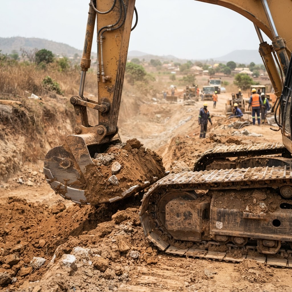 Heavy-duty hydraulic excavator on a construction site