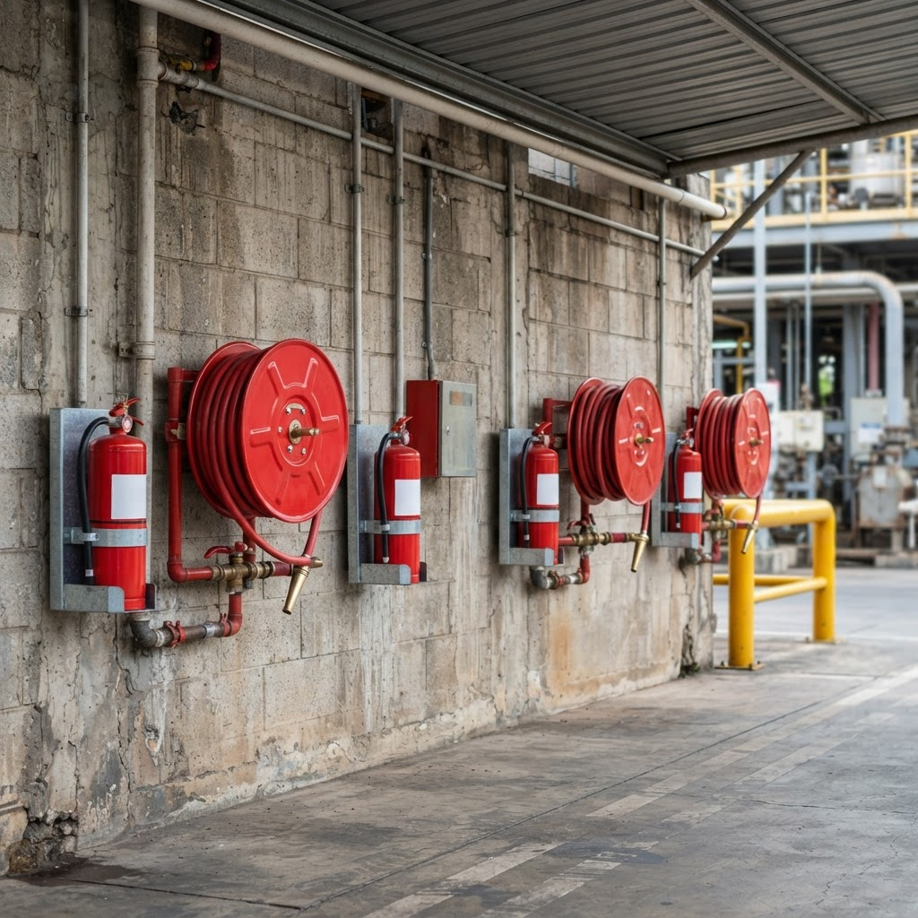 Row of fire extinguishers and fire hose reels mounted at an industrial facility