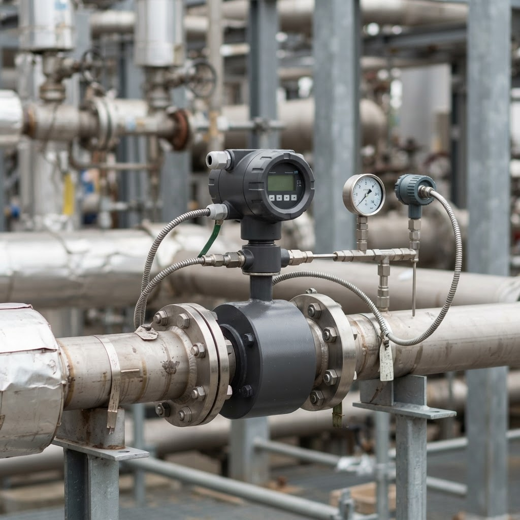 Industrial flow meter instrument installed on a steel process pipeline