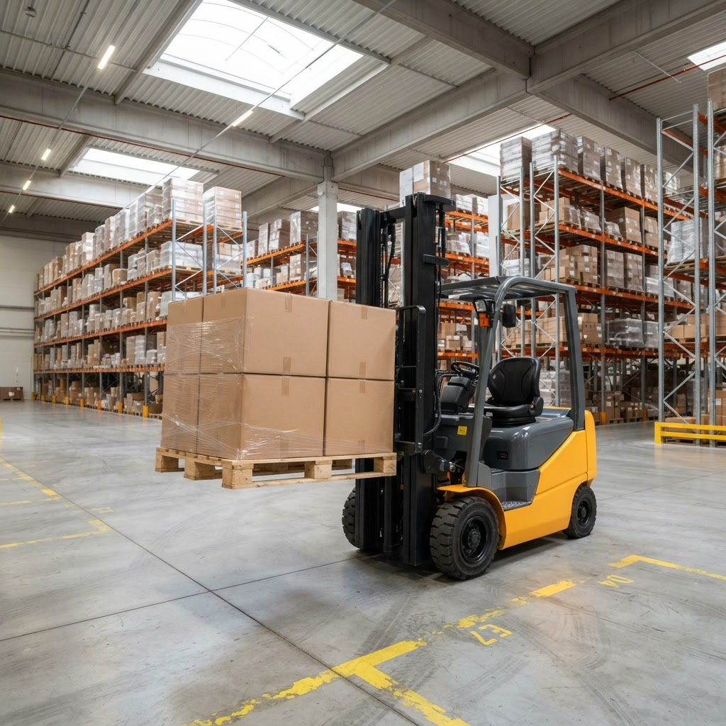 Forklift lifting a pallet of boxes inside a warehouse