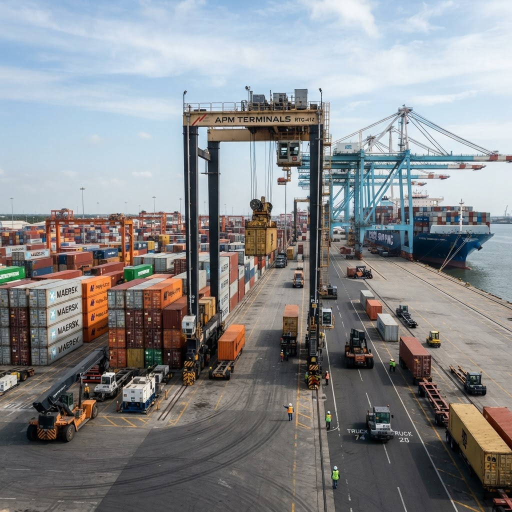 Rubber-tyred gantry crane straddling shipping containers at a port terminal
