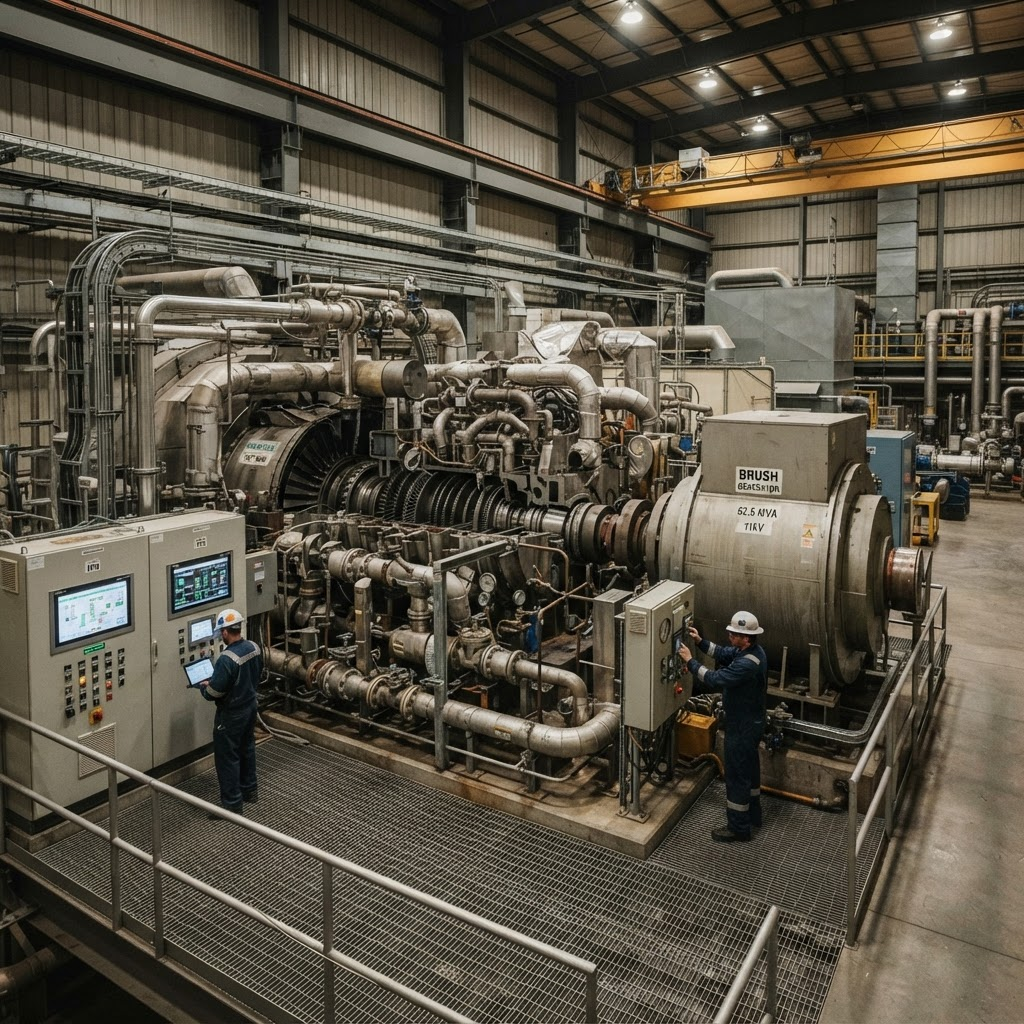 Industrial gas turbine generator unit inside a power plant enclosure