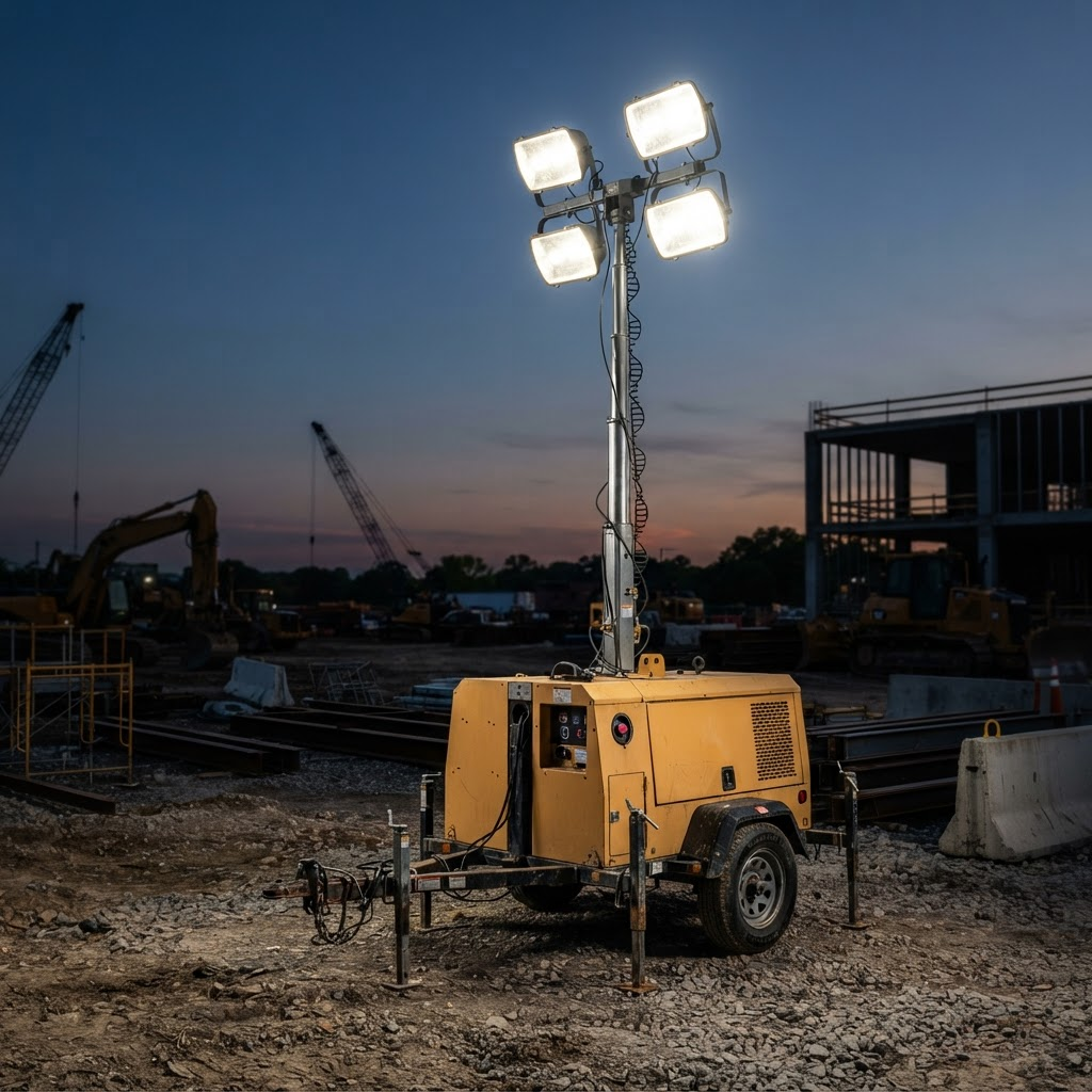 Mobile diesel light tower with extended mast and floodlights
