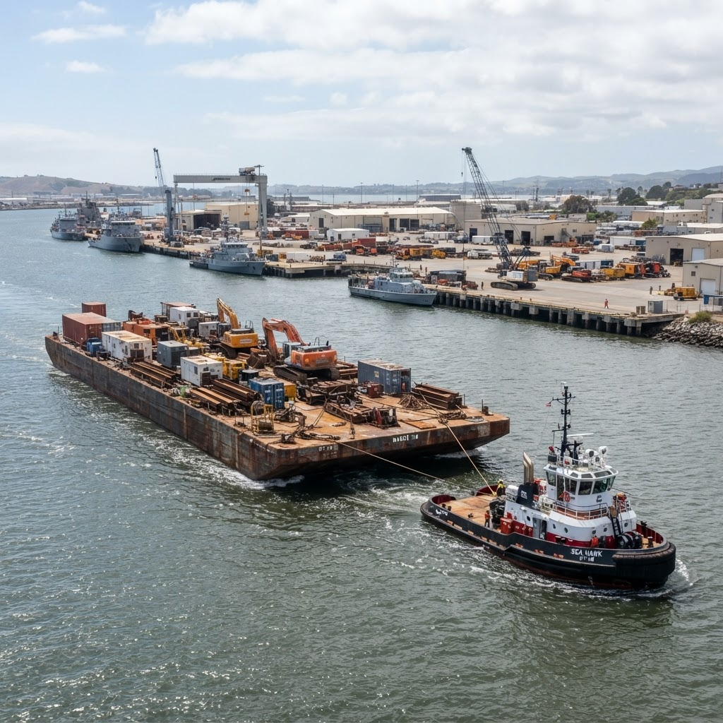 Flat steel marine cargo barge loaded with equipment on a waterway