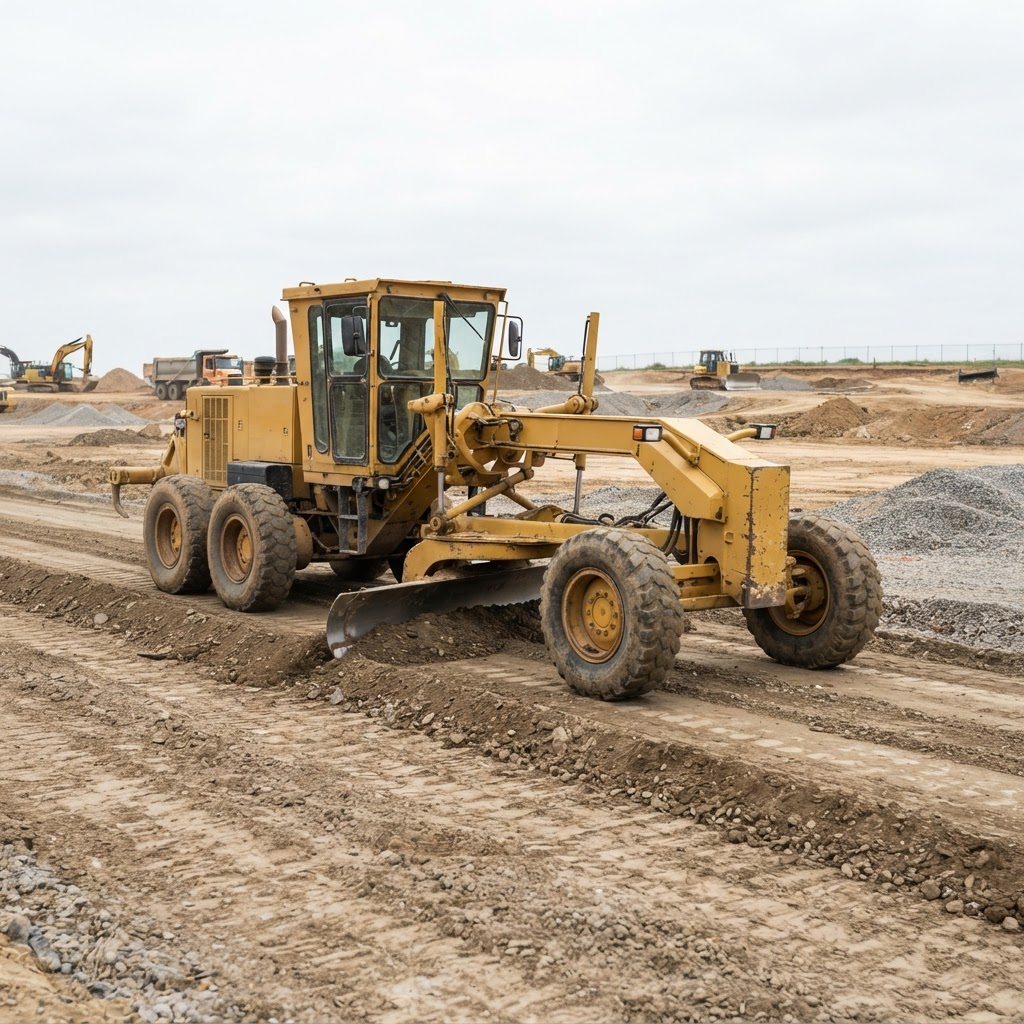 Heavy-duty motor grader levelling a dirt road on a construction site