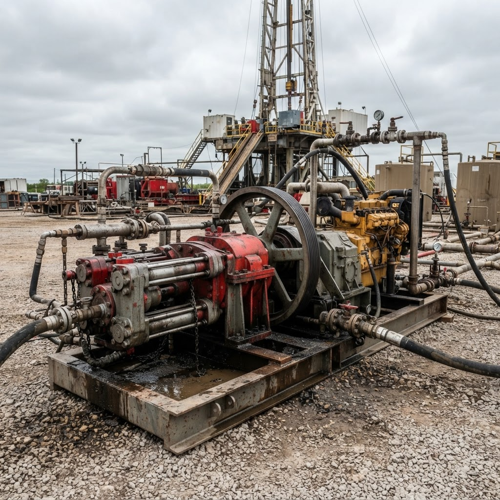 Heavy-duty triplex mud pump unit with piping at a drilling site