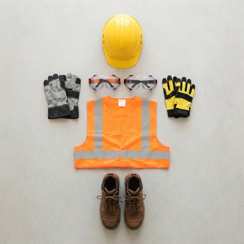 Industrial personal protective equipment including hard hats, gloves and high-visibility vests