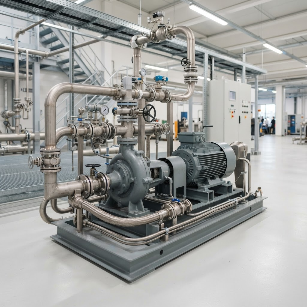 Industrial centrifugal pump skid with piping and valves
