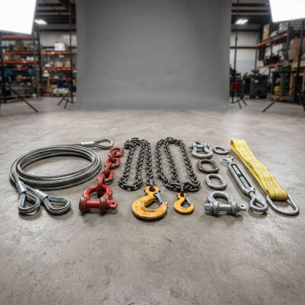 Heavy duty rigging chains, shackles and wire rope slings