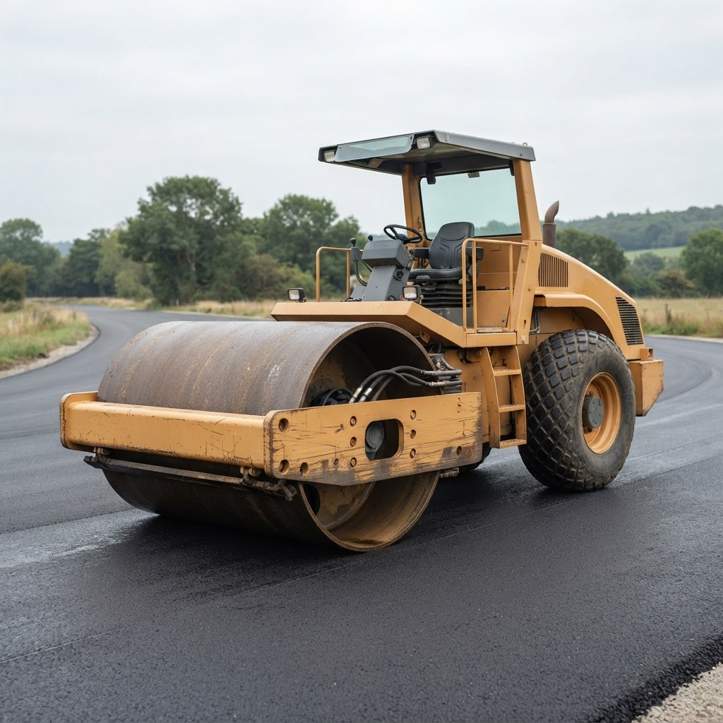 Single-drum road roller compactor on fresh asphalt