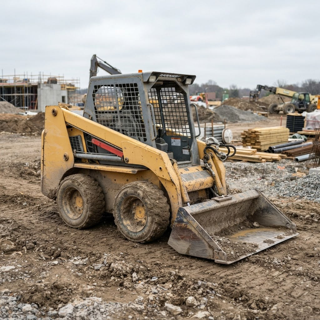 Compact skid steer loader with bucket attachment on a construction site