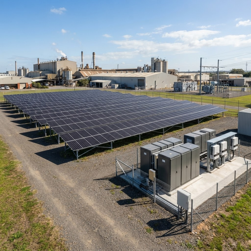 Solar panel array with battery storage cabinets and inverters