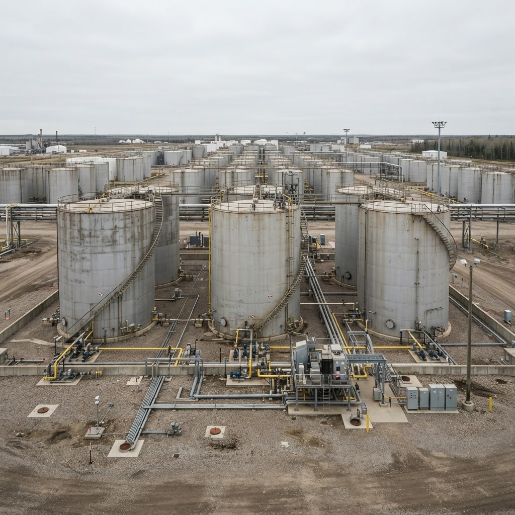 Large steel bulk storage tanks at a tank farm
