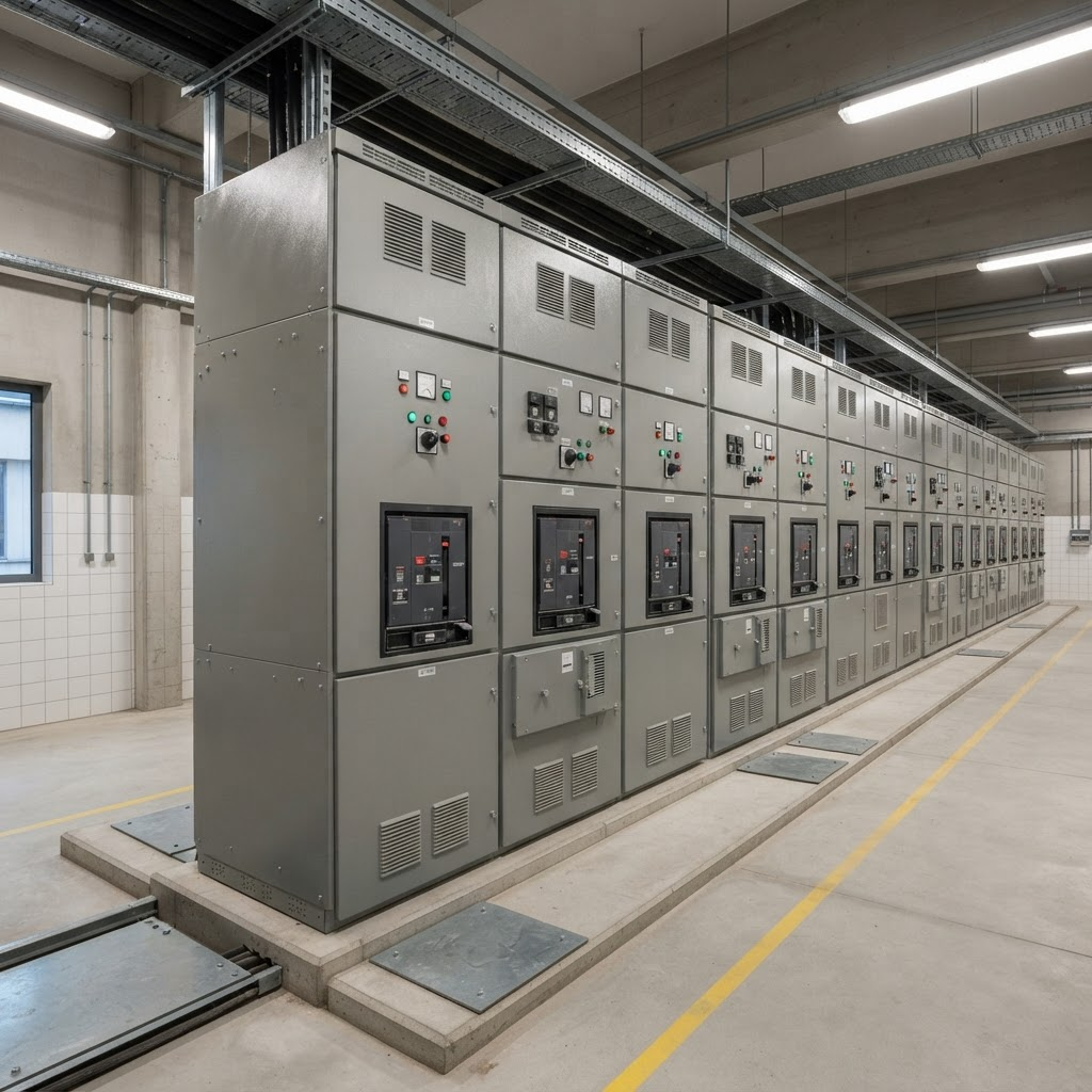 Row of metal-clad electrical switchgear cabinets in a substation room