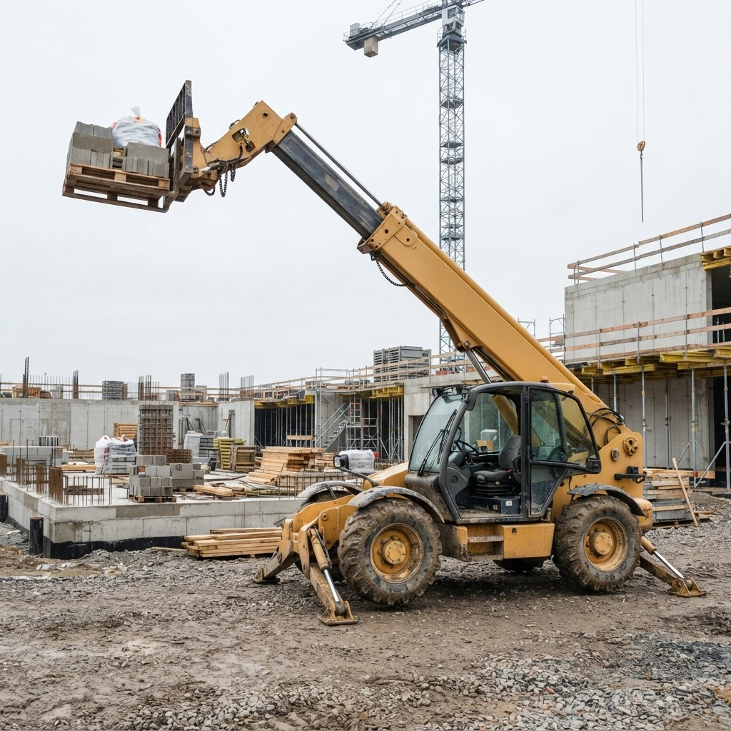 Telehandler forklift with extended telescopic boom on a construction site