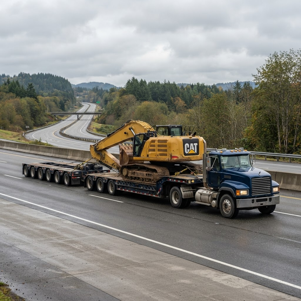 Low bed trailer truck transporting an excavator on a highway