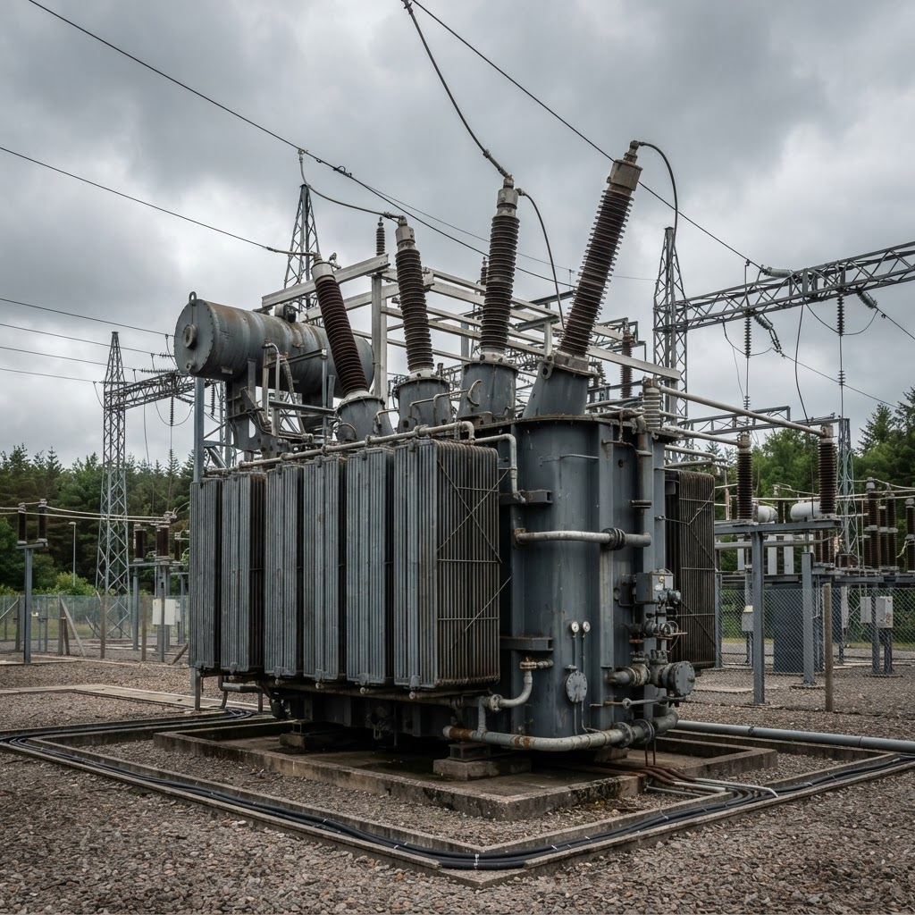 Large oil-filled power transformer at an industrial substation