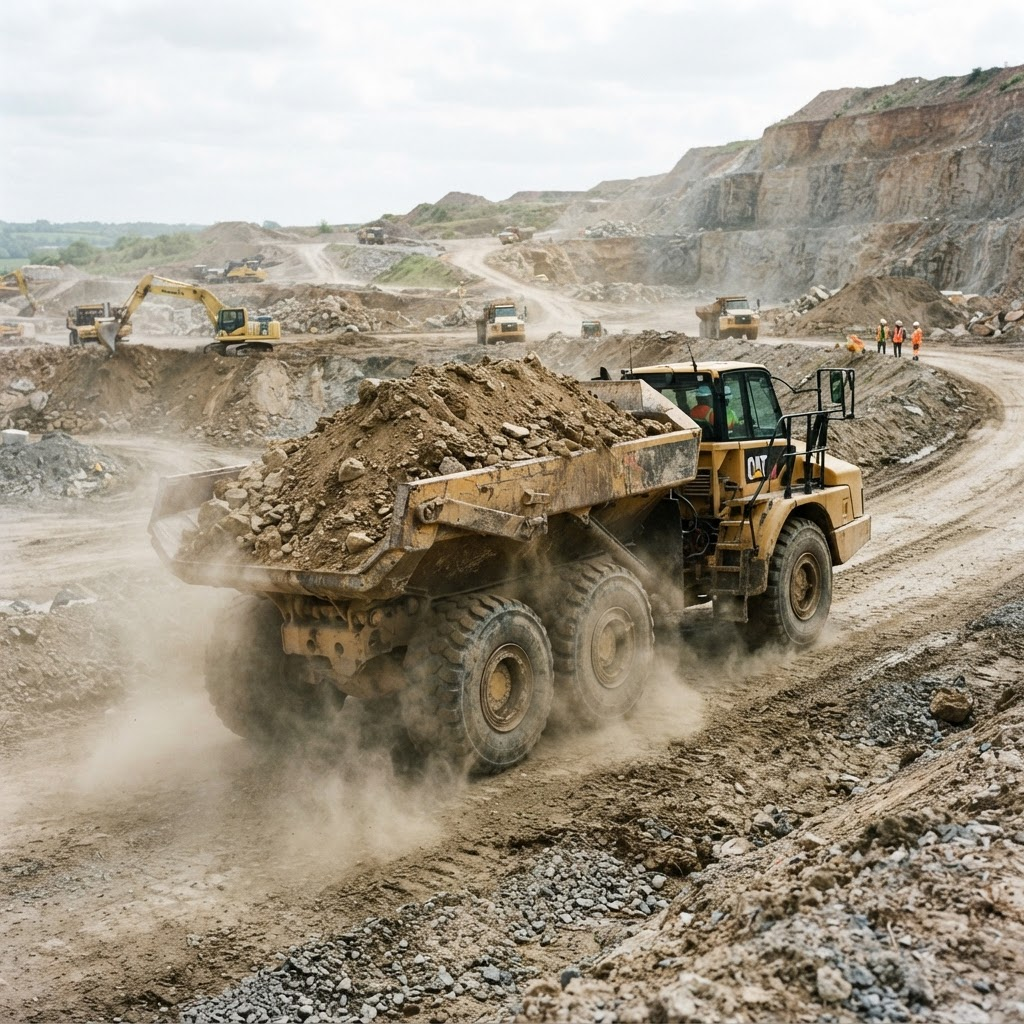 Heavy-duty tipper truck loaded with earth on a construction site