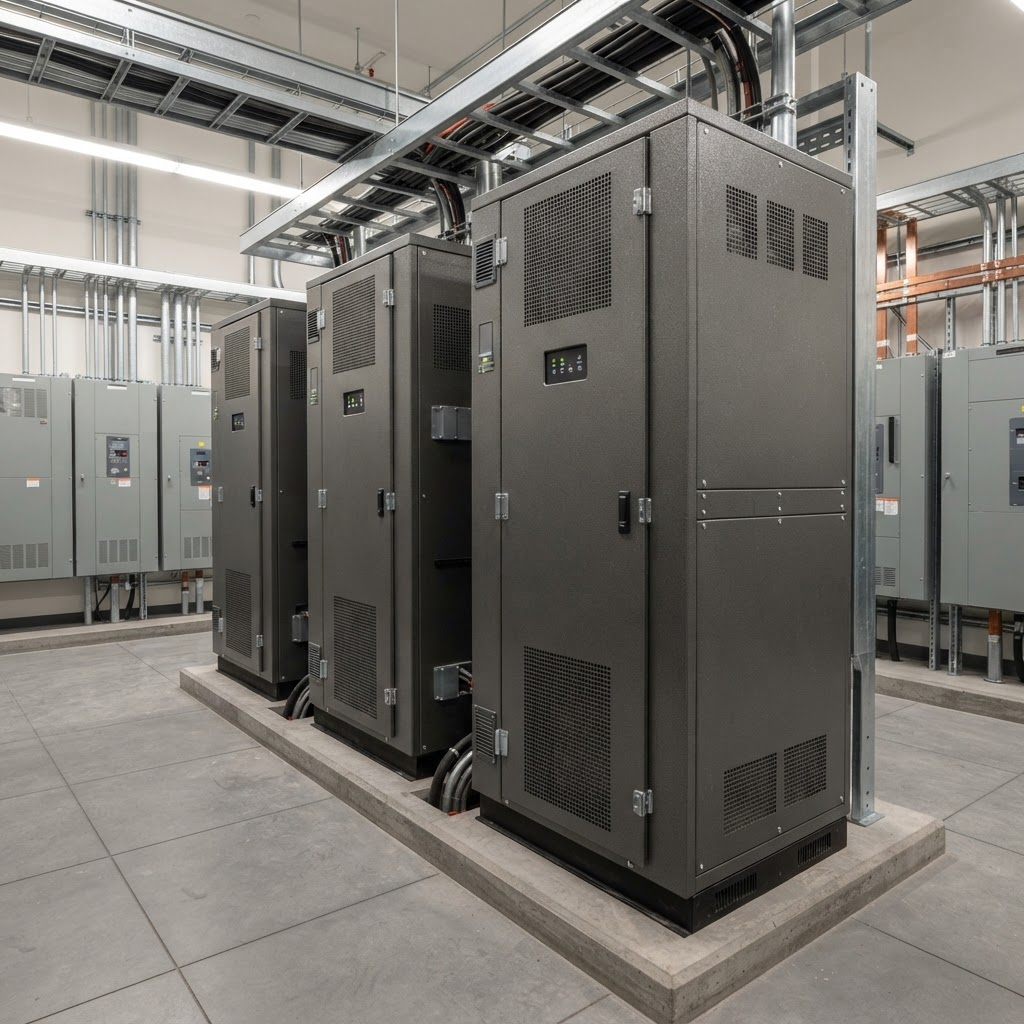 Large industrial uninterruptible power supply cabinets in a facility electrical room