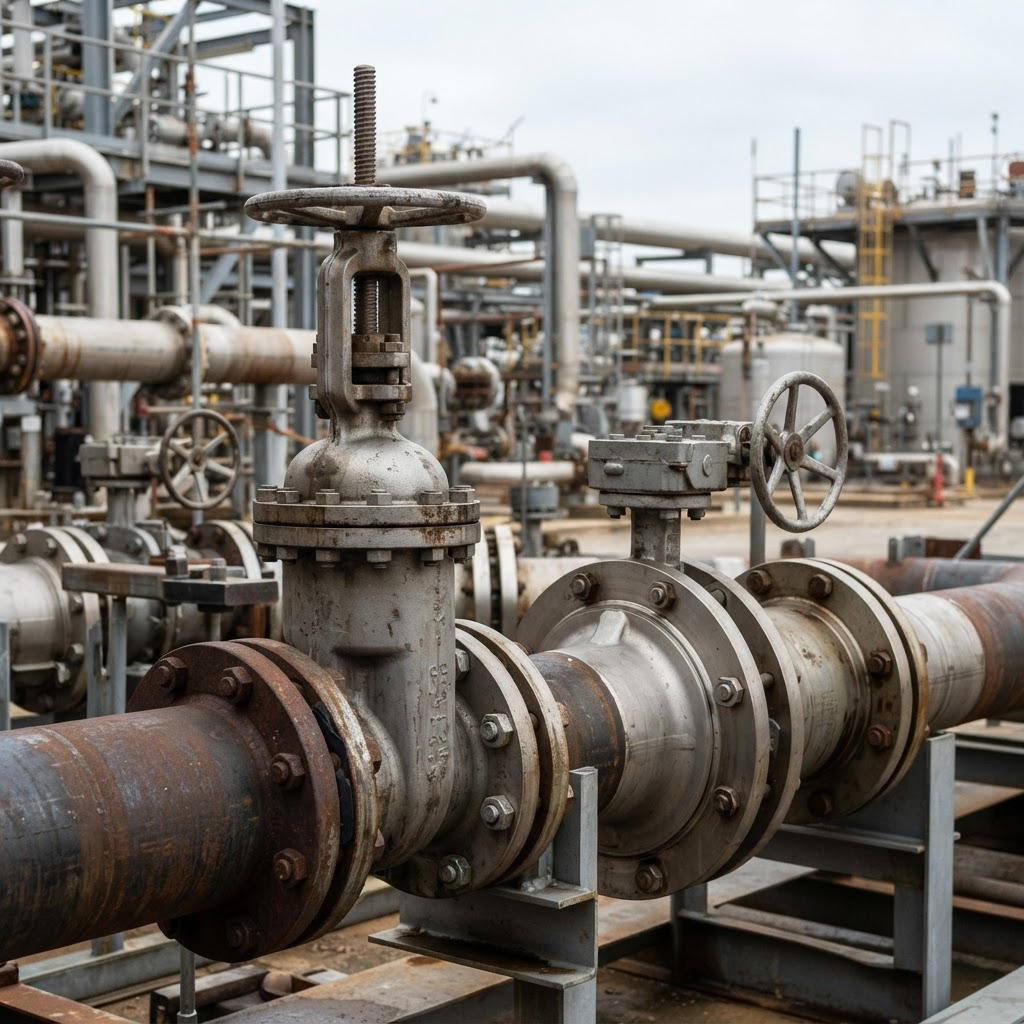 Large steel industrial gate and butterfly valves on pipeline flanges
