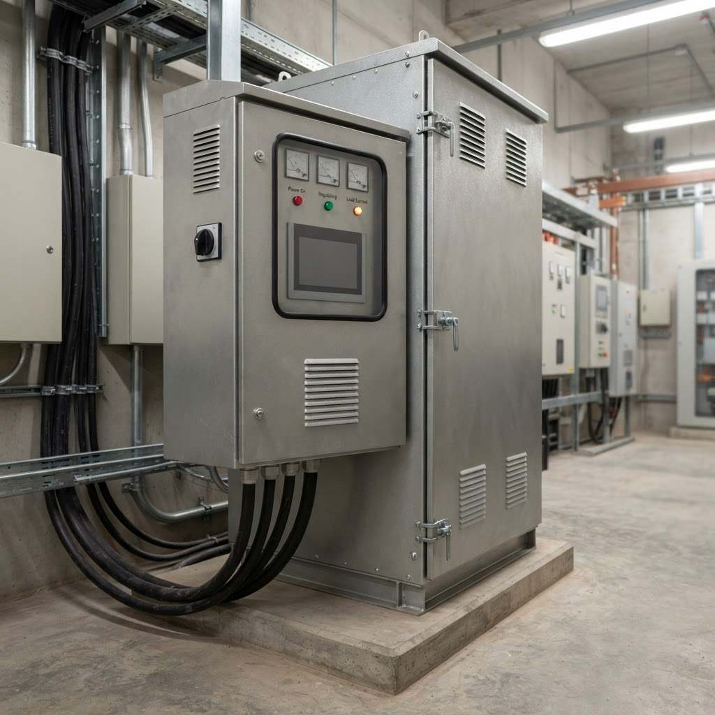 Large industrial automatic voltage stabilizer unit in an electrical room