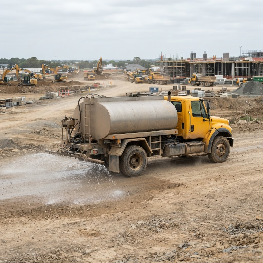 Heavy-duty water tanker truck spraying water on a construction site road