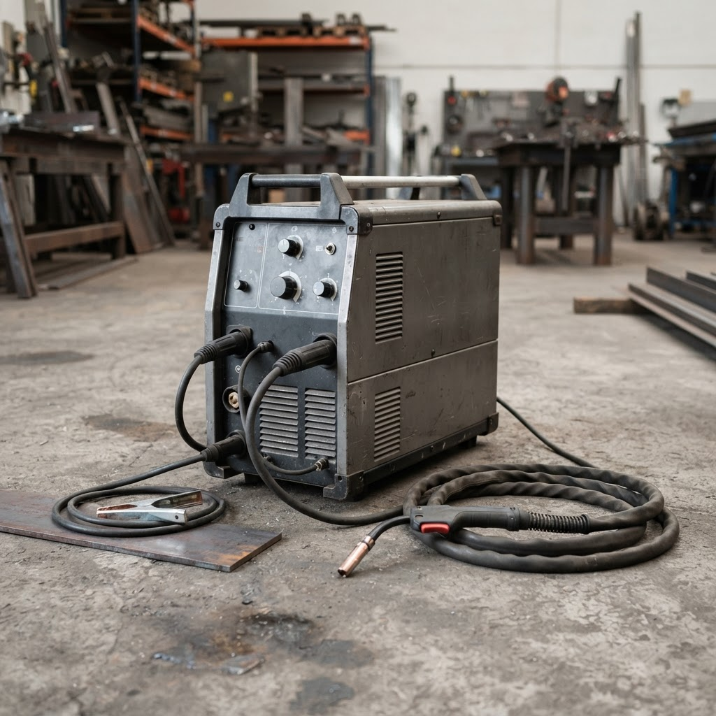 Heavy-duty industrial welding machine with cables and torch