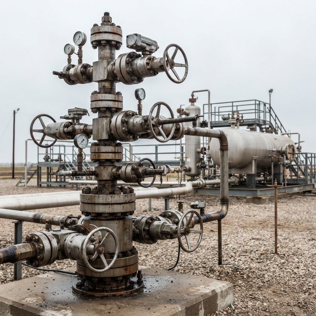 Oilfield wellhead equipment with christmas tree valves and piping
