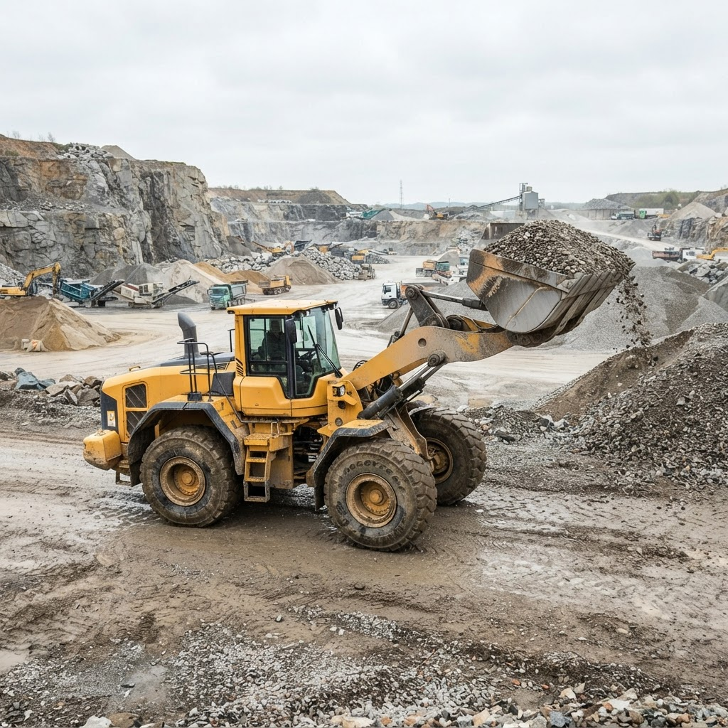 Wheel loader lifting a bucket of gravel at a quarry
