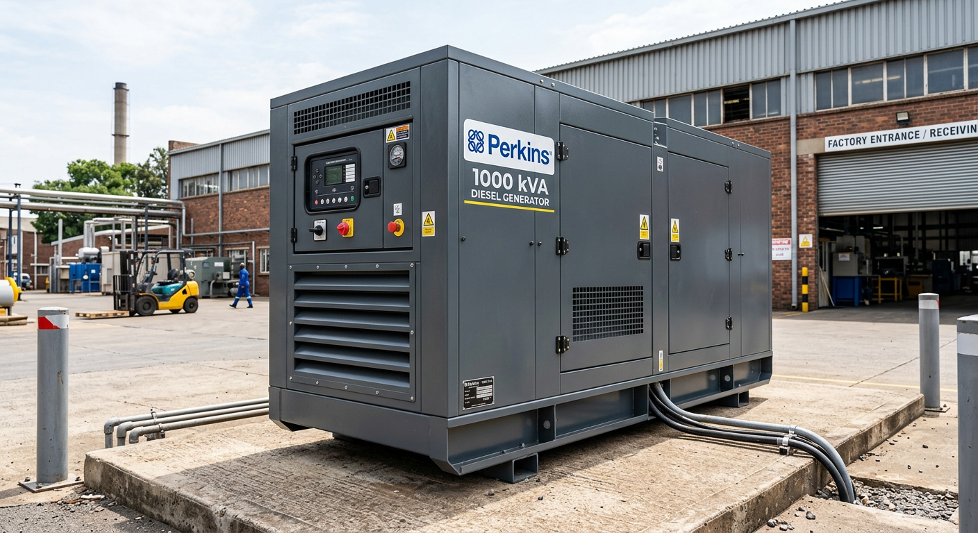 New Perkins 1000 kVA soundproof diesel generator in a canopy enclosure