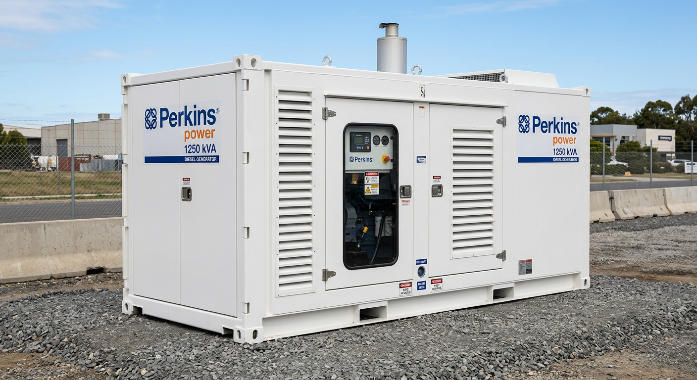 New Perkins 1250 kVA soundproof diesel generator in a container enclosure