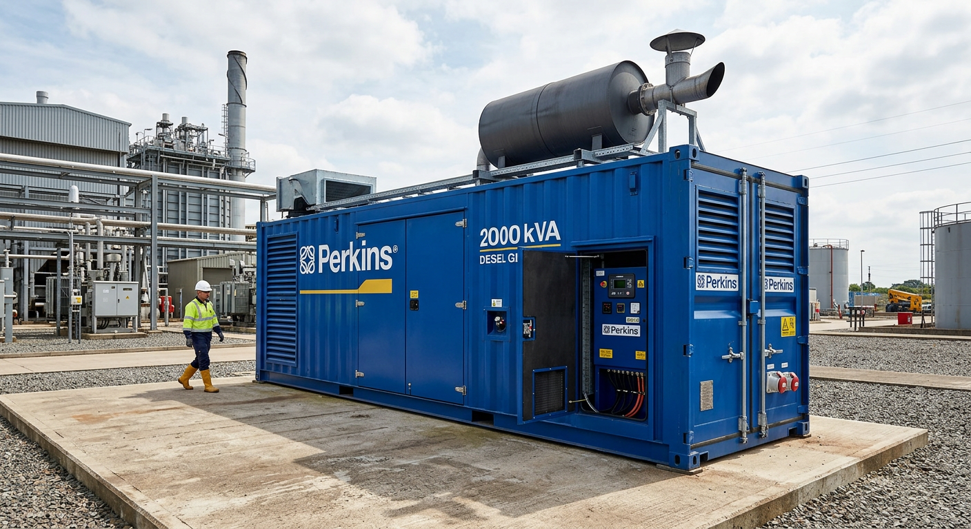 New Perkins 2000 kVA soundproof diesel generator in a container enclosure